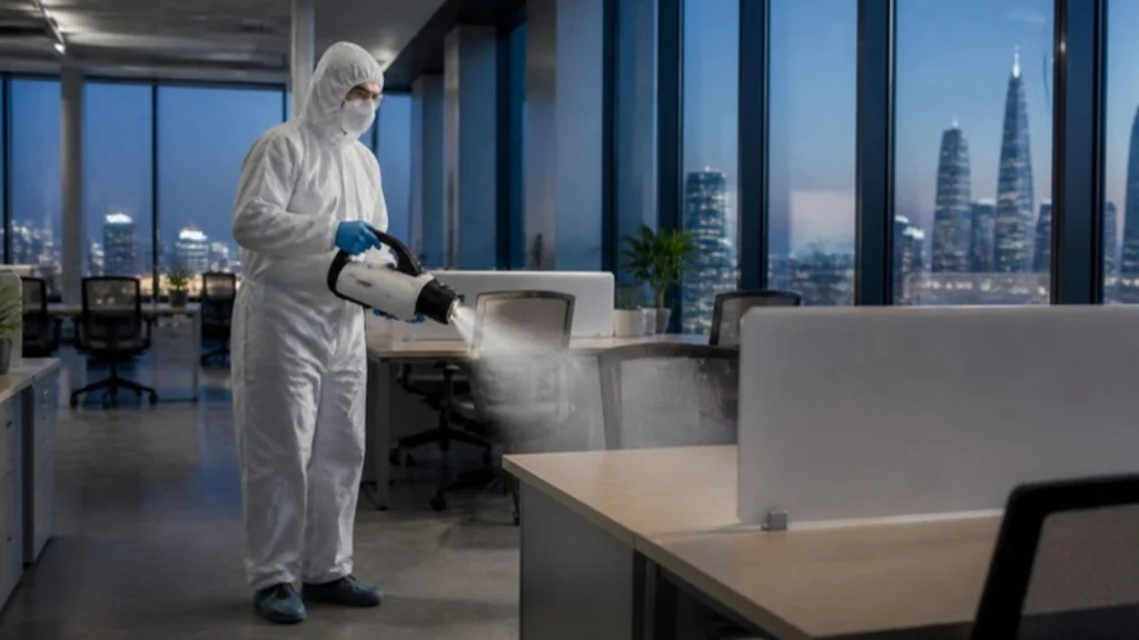Commercial disinfection in a Dubai office with an electrostatic sprayer