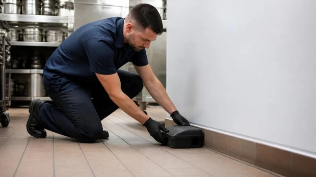 Technician placing a rodent bait station for rodent control in Dubai